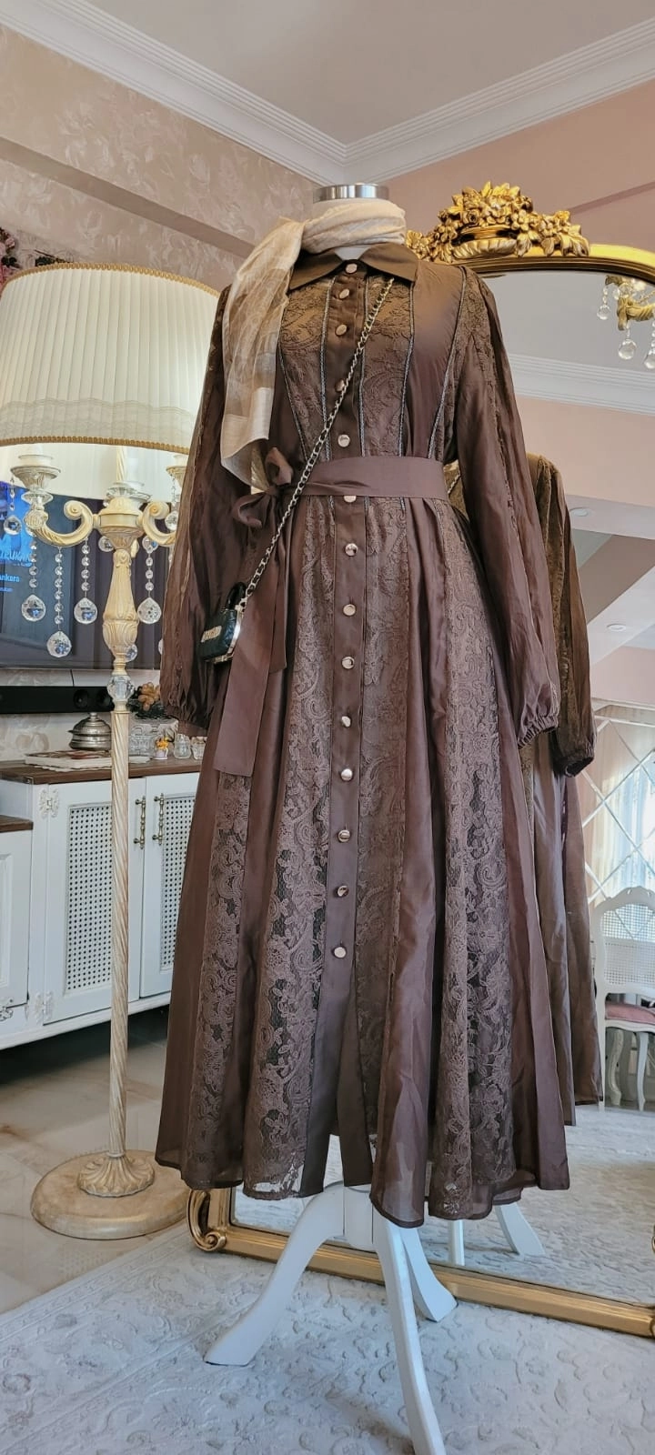 İthal Tül İpek kahverengi Elbise 