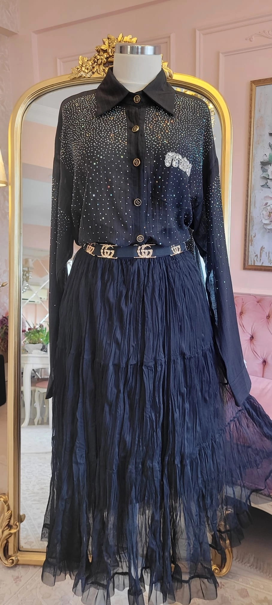İthal Swarovski Taş İşlemeli Oversize Gömlek