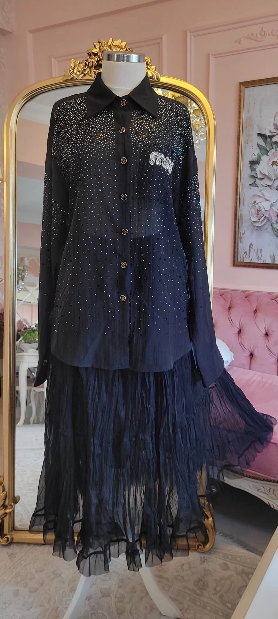 İthal Swarovski Taş İşlemeli Oversize Gömlek